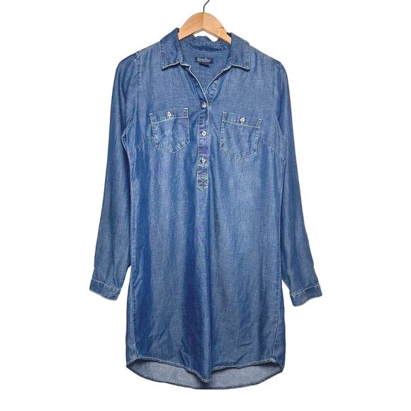 Lucky Brand | Women | Chambray Linen Blend Popover Mini Shirt Dress | Sz Small - Picture 2 of 12